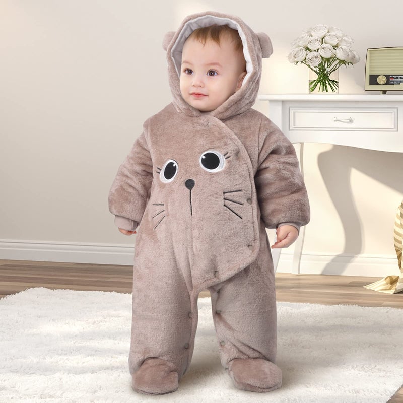 JiAmy Newborn Baby Winter Hooded Romper Fleece Snowsuit Jumpsuit Cartoon Cat Outfits for 0-3 Months Brown - Image 2
